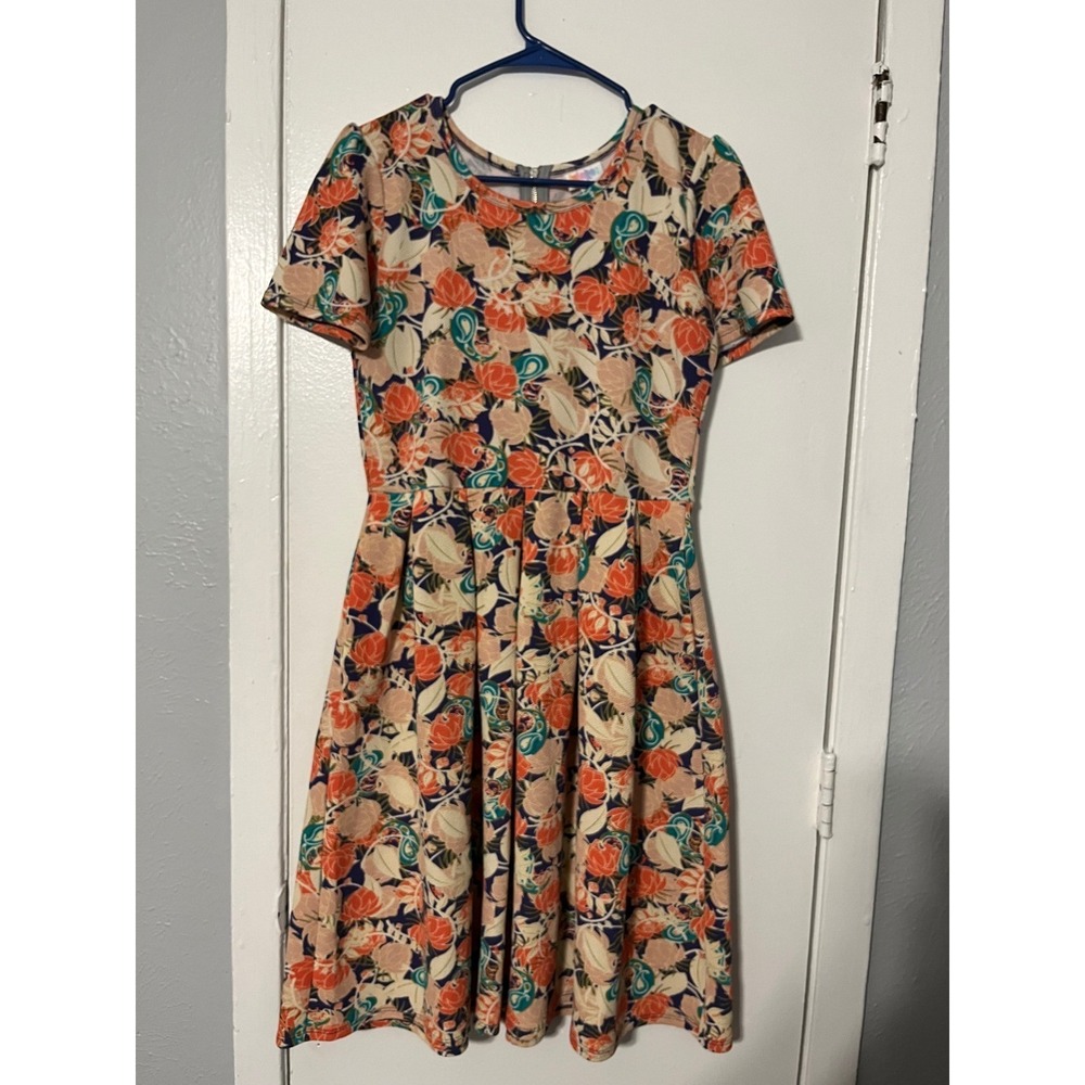 LuLaRoe Amelia Dress Womens Medium Orange Floral Paisley Pockets Pleated Flare